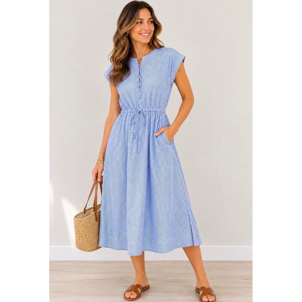 Free Assembly Womens Cotton Midi Shirtdress Blue White Striped Drawstring Large